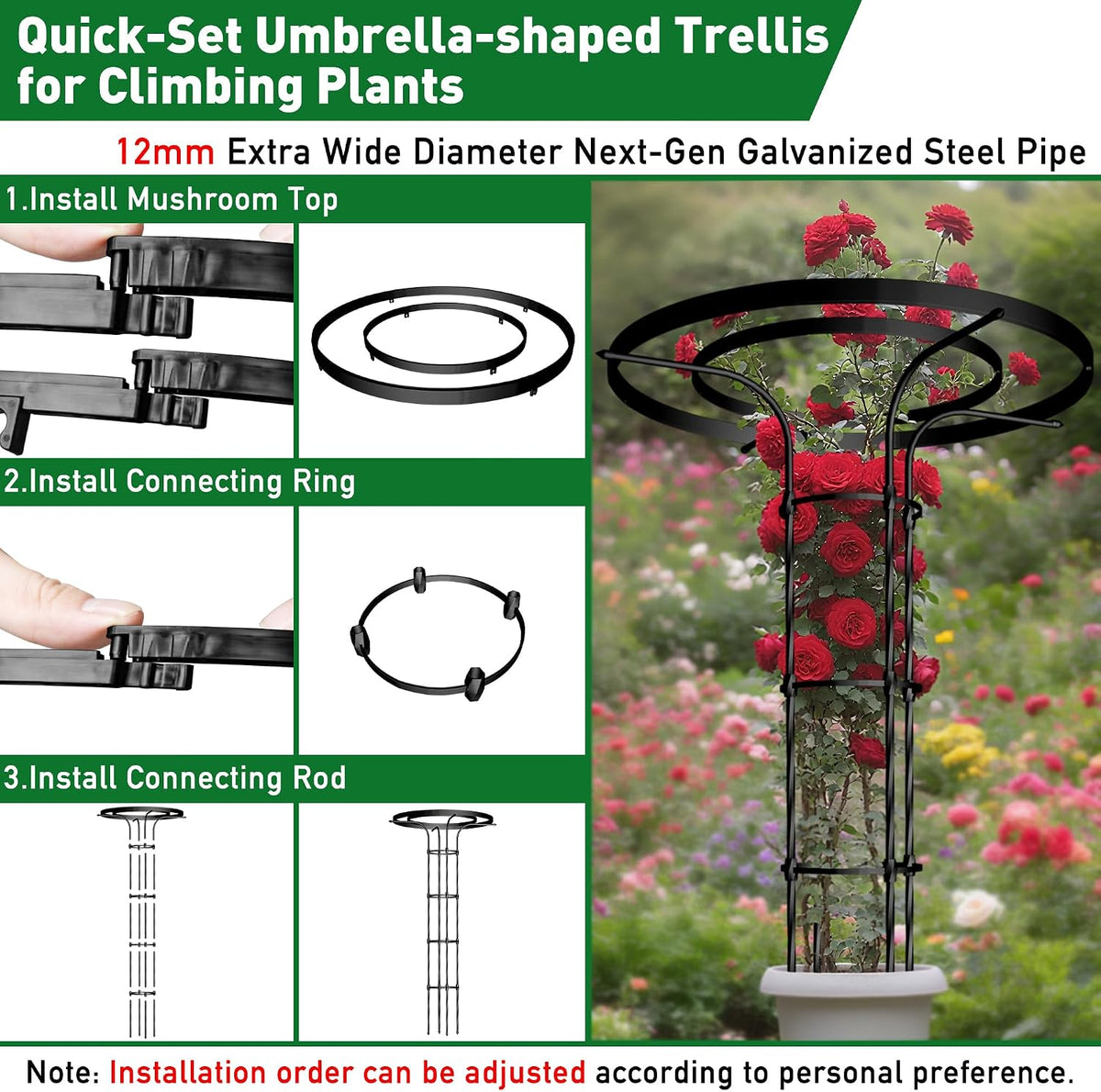 6.89FT Mushroom Top Obelisk Trellis for Outdoor Climbing Plants, Rustproof PE-Coated Metal Poles Support, Decorative Garden Trellis for Climbing Rose, Wisteria, Black