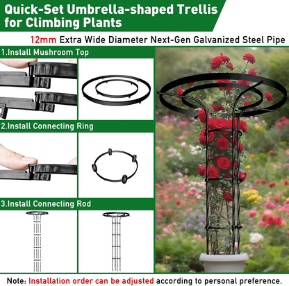 6.89FT Mushroom Top Obelisk Trellis for Outdoor Climbing Plants, Rustproof PE-Coated Metal Poles Support, Decorative Garden Trellis for Climbing Rose, Wisteria, Black