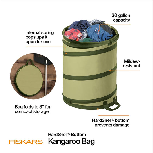 Kangaroo Collapsible Garden Bag with Heavy Duty Hardshell Bottom for Leaf and Yard Waste, 30-Gallon Reusable Container for Lawn Care and Gardening