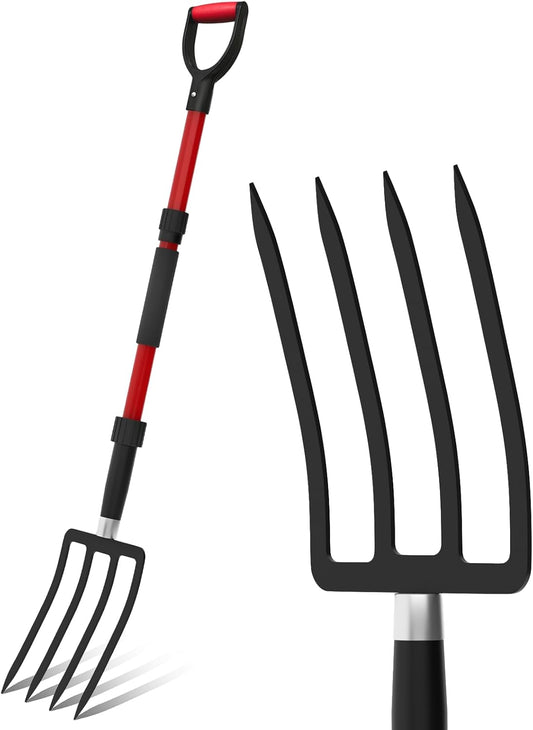 Pitch Fork for Garden, 44-Inches Pitchfork with Fiberglass Handle, Gardening Spading Fork with 4 Metal Tines, Heavy Duty Pitchfork for Manure, Mulch, Digging, Aeration, Red