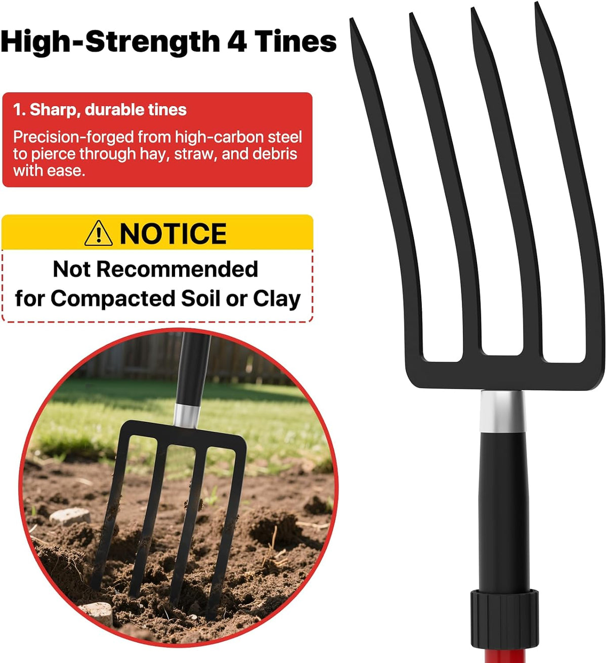 Pitch Fork for Garden, 44-Inches Pitchfork with Fiberglass Handle, Gardening Spading Fork with 4 Metal Tines, Heavy Duty Pitchfork for Manure, Mulch, Digging, Aeration, Red