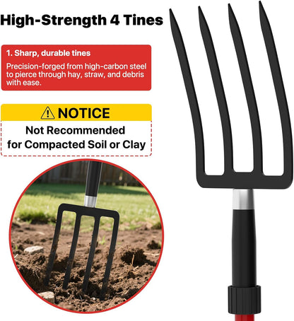 Pitch Fork for Garden, 44-Inches Pitchfork with Fiberglass Handle, Gardening Spading Fork with 4 Metal Tines, Heavy Duty Pitchfork for Manure, Mulch, Digging, Aeration, Red