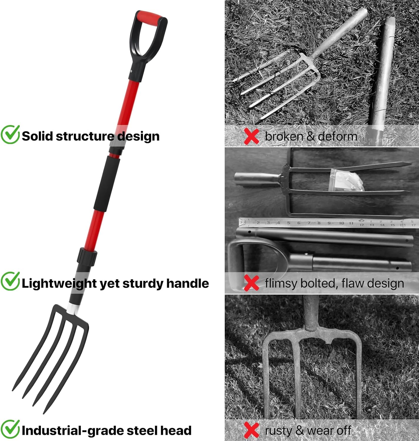 Pitch Fork for Garden, 44-Inches Pitchfork with Fiberglass Handle, Gardening Spading Fork with 4 Metal Tines, Heavy Duty Pitchfork for Manure, Mulch, Digging, Aeration, Red