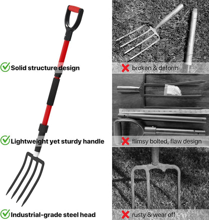 Pitch Fork for Garden, 44-Inches Pitchfork with Fiberglass Handle, Gardening Spading Fork with 4 Metal Tines, Heavy Duty Pitchfork for Manure, Mulch, Digging, Aeration, Red