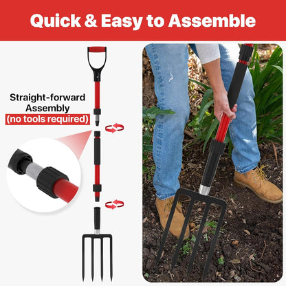 Pitch Fork for Garden, 44-Inches Pitchfork with Fiberglass Handle, Gardening Spading Fork with 4 Metal Tines, Heavy Duty Pitchfork for Manure, Mulch, Digging, Aeration, Red