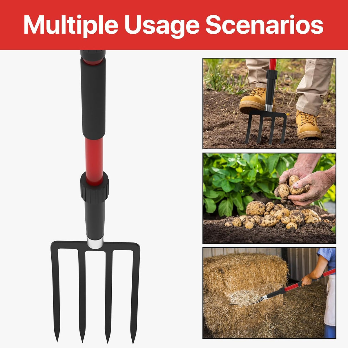Pitch Fork for Garden, 44-Inches Pitchfork with Fiberglass Handle, Gardening Spading Fork with 4 Metal Tines, Heavy Duty Pitchfork for Manure, Mulch, Digging, Aeration, Red