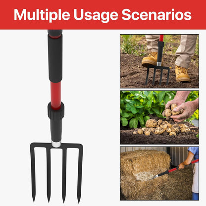 Pitch Fork for Garden, 44-Inches Pitchfork with Fiberglass Handle, Gardening Spading Fork with 4 Metal Tines, Heavy Duty Pitchfork for Manure, Mulch, Digging, Aeration, Red