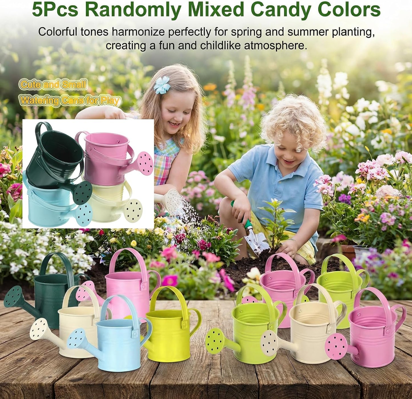 5PCS Mini Watering Cans Kids Metal Watering Can for Indoor Plants, Small Water Can Toddler Gardening Tool Beach Play, Multifunctional Cute Metal Jug for Craft, Home Decor Flower Bucket