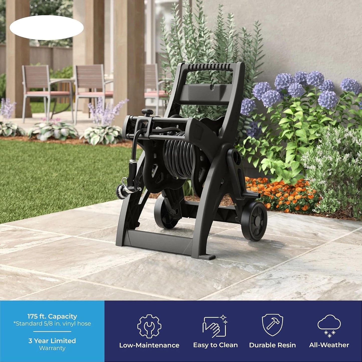 175FT Hose Reel Cart, Garden Water Hose Reel with Rolling Cart and Wheels, Durable Metal Frame, Easy Transport and Storage for Outdoor Watering