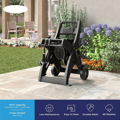 175FT Hose Reel Cart, Garden Water Hose Reel with Rolling Cart and Wheels, Durable Metal Frame, Easy Transport and Storage for Outdoor Watering
