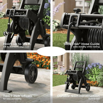 175FT Hose Reel Cart, Garden Water Hose Reel with Rolling Cart and Wheels, Durable Metal Frame, Easy Transport and Storage for Outdoor Watering