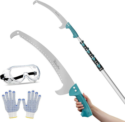 Extendable Tree Trimmer: Manual Pole Saw | 5-12ft Telescoping Pruning Pole for Tree Trimming | Saw Attachment, Safety Goggles, and Gloves Included | Trim Branches up to 2" Diameter
