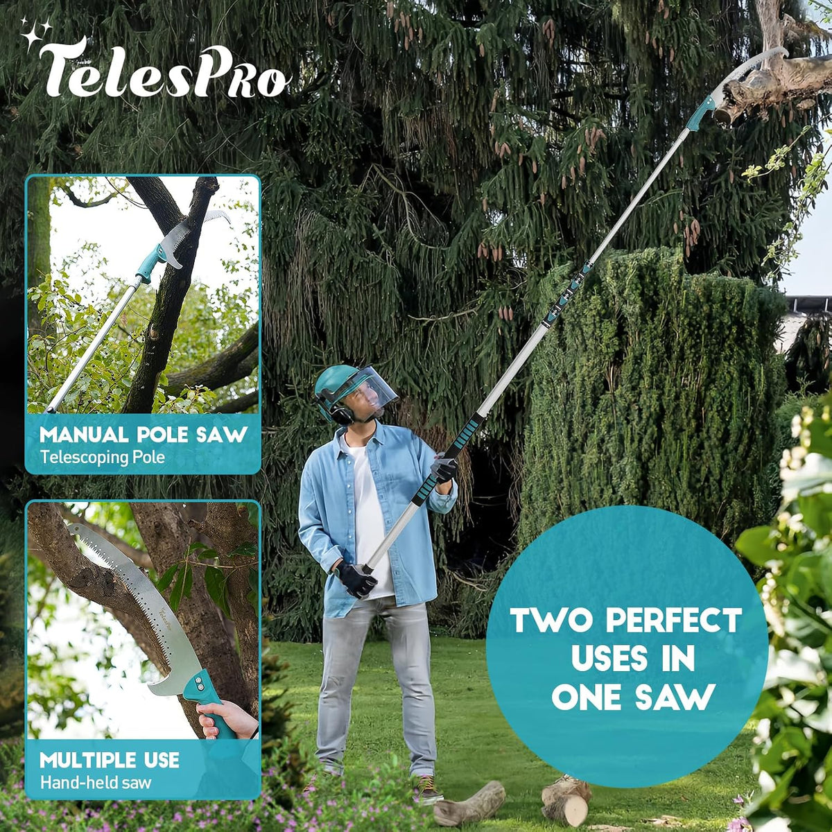 Extendable Tree Trimmer: Manual Pole Saw | 5-12ft Telescoping Pruning Pole for Tree Trimming | Saw Attachment, Safety Goggles, and Gloves Included | Trim Branches up to 2" Diameter