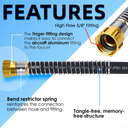 5/8 IN. × 5FT. Heavy Duty Hybrid Rubber Garden Hose, High Flow 5/8" I.D. No Memory Durable Lightweight Water Hose Leader Hose for Watering, Irrigation, Water Transfer Pump