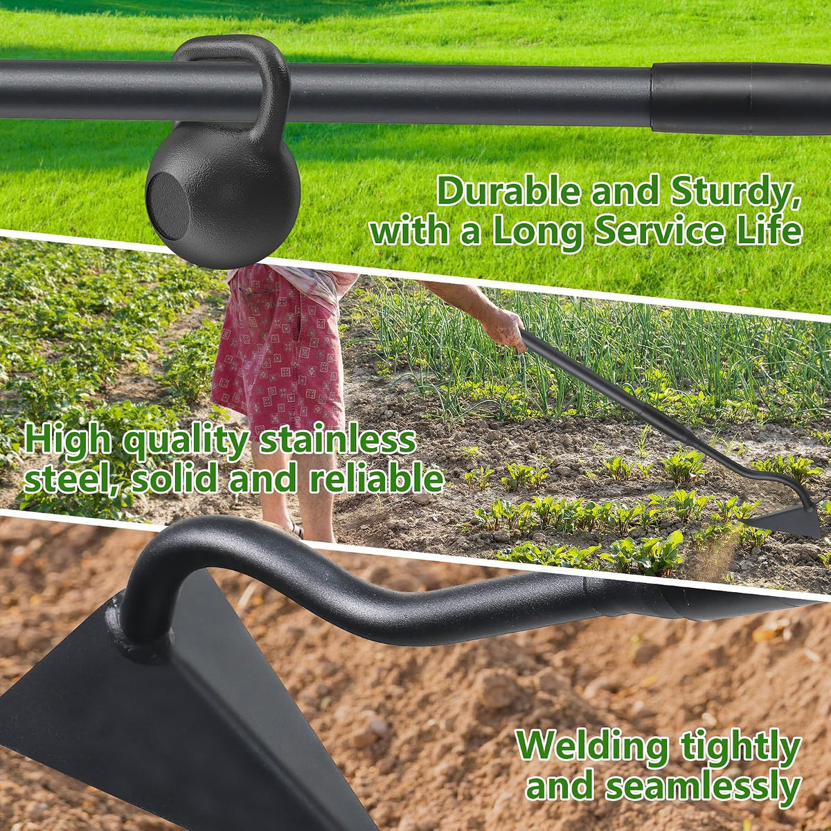 Hoe Garden Tool, Triangle Garden Hoe for Digging Cutting Trenches Loosen Soil Heavy Duty Hand Weed Hoe Long Handle 59 Inch