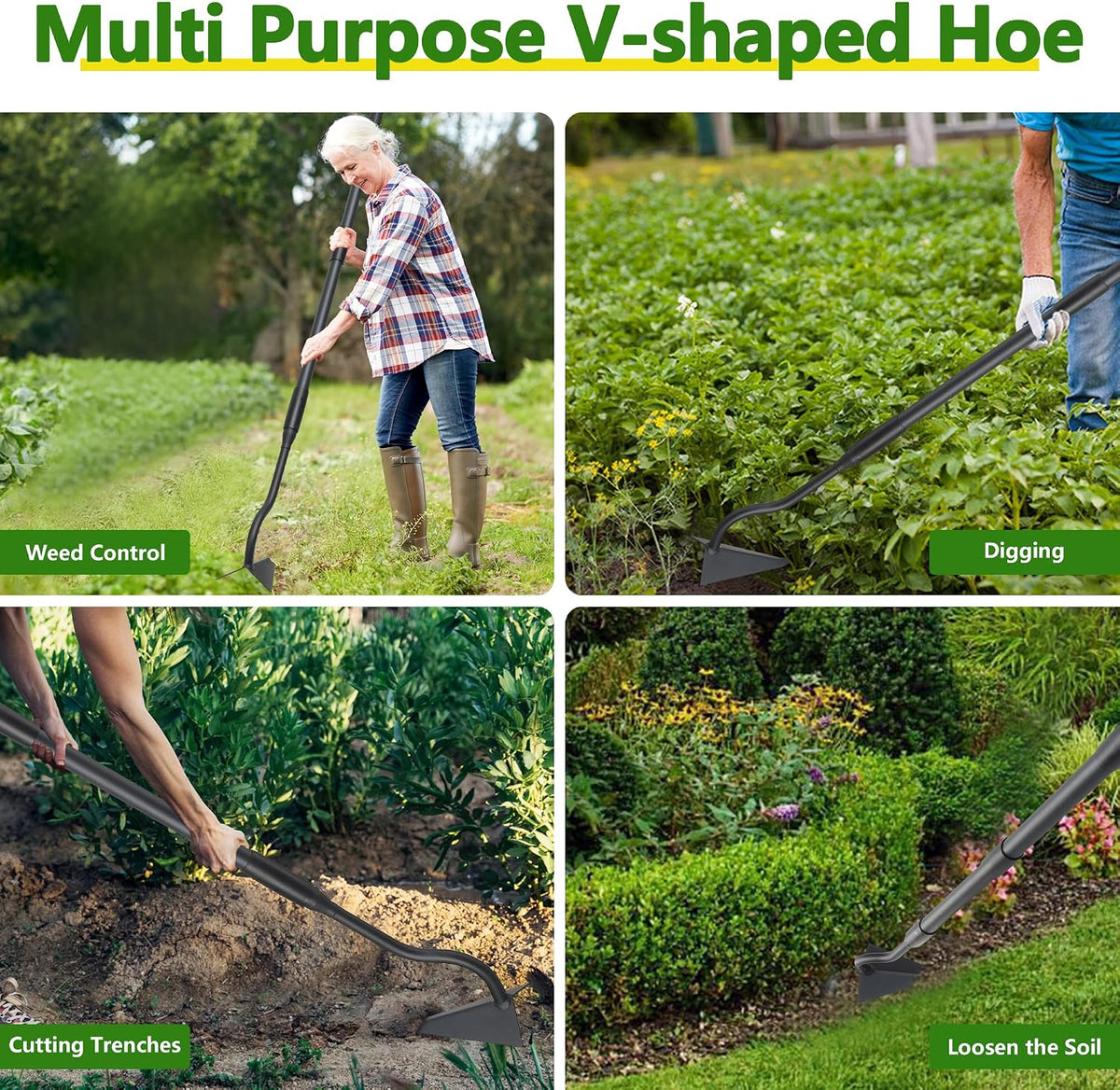 Hoe Garden Tool, Triangle Garden Hoe for Digging Cutting Trenches Loosen Soil Heavy Duty Hand Weed Hoe Long Handle 59 Inch
