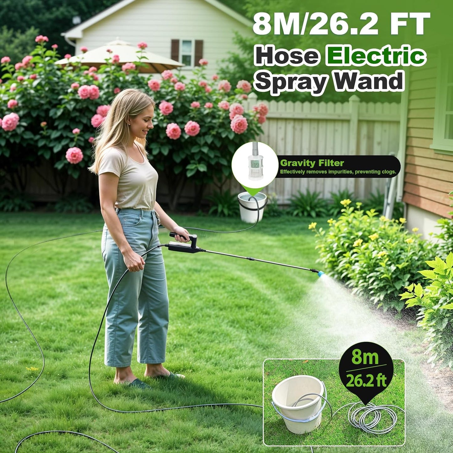 Battery Powered Sprayer Wand, 32 Inch Garden Sprayer Telescopic Wand with 3 Adjustable Speeds, Battery Indicator, 26.2 FT Hose, 7.4V Rechargeable Water Sprayer Wand with 4 Adjustable Nozzles & Filter