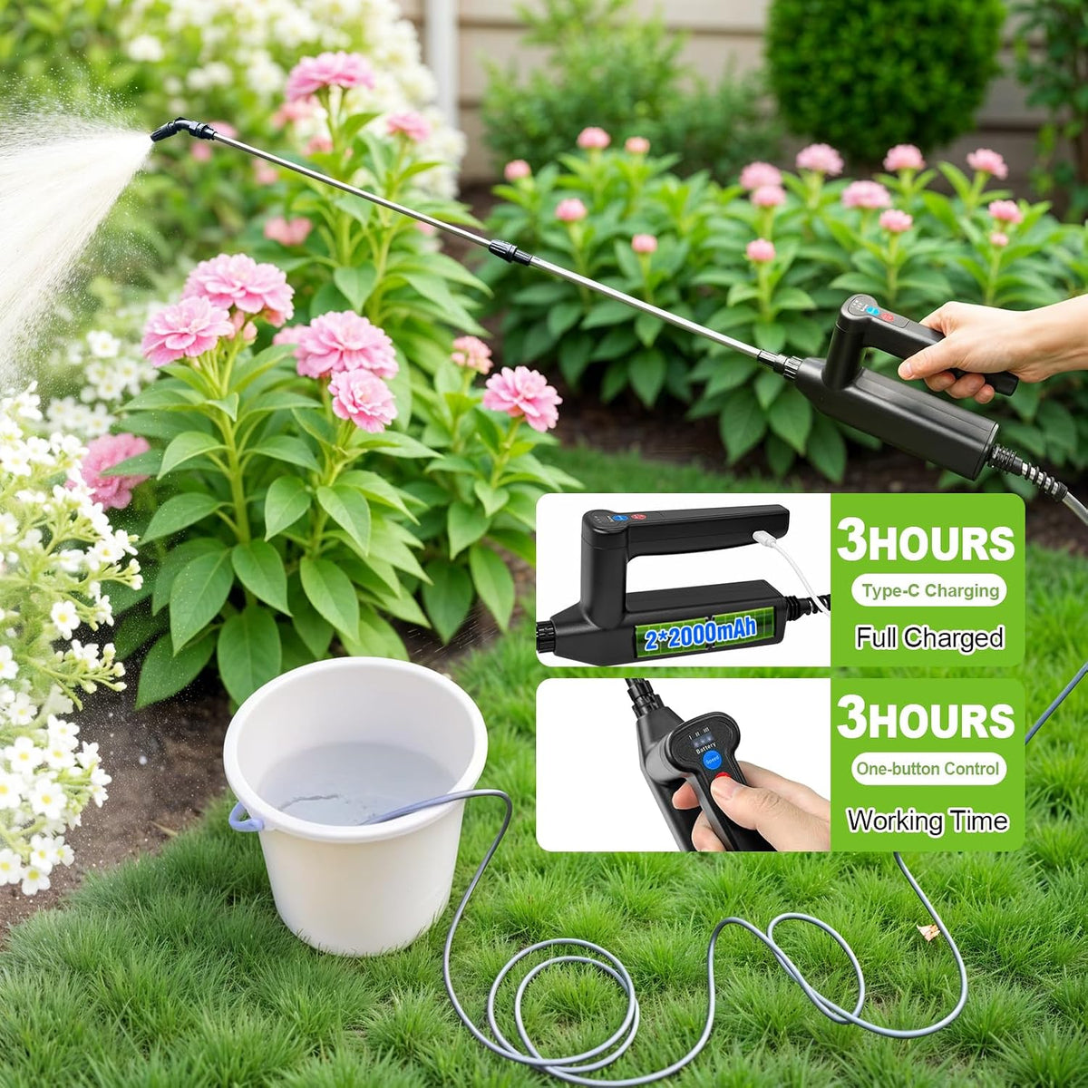 Battery Powered Sprayer Wand, 32 Inch Garden Sprayer Telescopic Wand with 3 Adjustable Speeds, Battery Indicator, 26.2 FT Hose, 7.4V Rechargeable Water Sprayer Wand with 4 Adjustable Nozzles & Filter