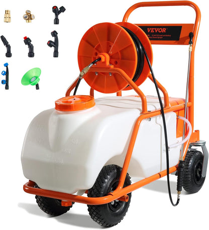 Battery Powered 15 Gallon Garden Weed Sprayer with Wheeled Cart, 126FT Hose with Reel, 8 Nozzles, 2 Wands with Lock Trigger, 0-90PSI, 5-6h Spray Time, Wide Mouth Lid, Rotating Wheels with Brake