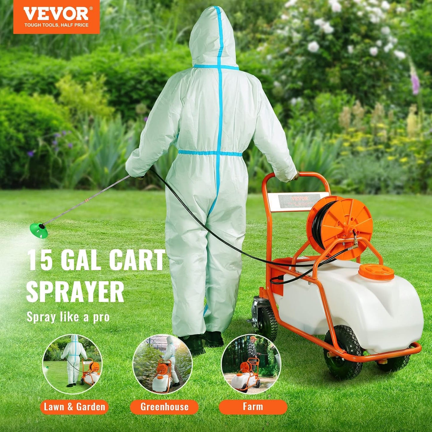 Battery Powered 15 Gallon Garden Weed Sprayer with Wheeled Cart, 126FT Hose with Reel, 8 Nozzles, 2 Wands with Lock Trigger, 0-90PSI, 5-6h Spray Time, Wide Mouth Lid, Rotating Wheels with Brake