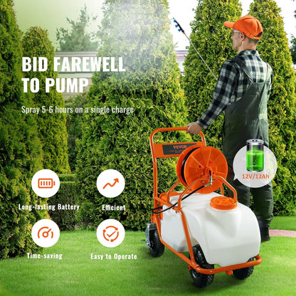 Battery Powered 15 Gallon Garden Weed Sprayer with Wheeled Cart, 126FT Hose with Reel, 8 Nozzles, 2 Wands with Lock Trigger, 0-90PSI, 5-6h Spray Time, Wide Mouth Lid, Rotating Wheels with Brake