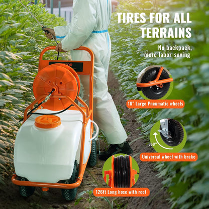 Battery Powered 15 Gallon Garden Weed Sprayer with Wheeled Cart, 126FT Hose with Reel, 8 Nozzles, 2 Wands with Lock Trigger, 0-90PSI, 5-6h Spray Time, Wide Mouth Lid, Rotating Wheels with Brake