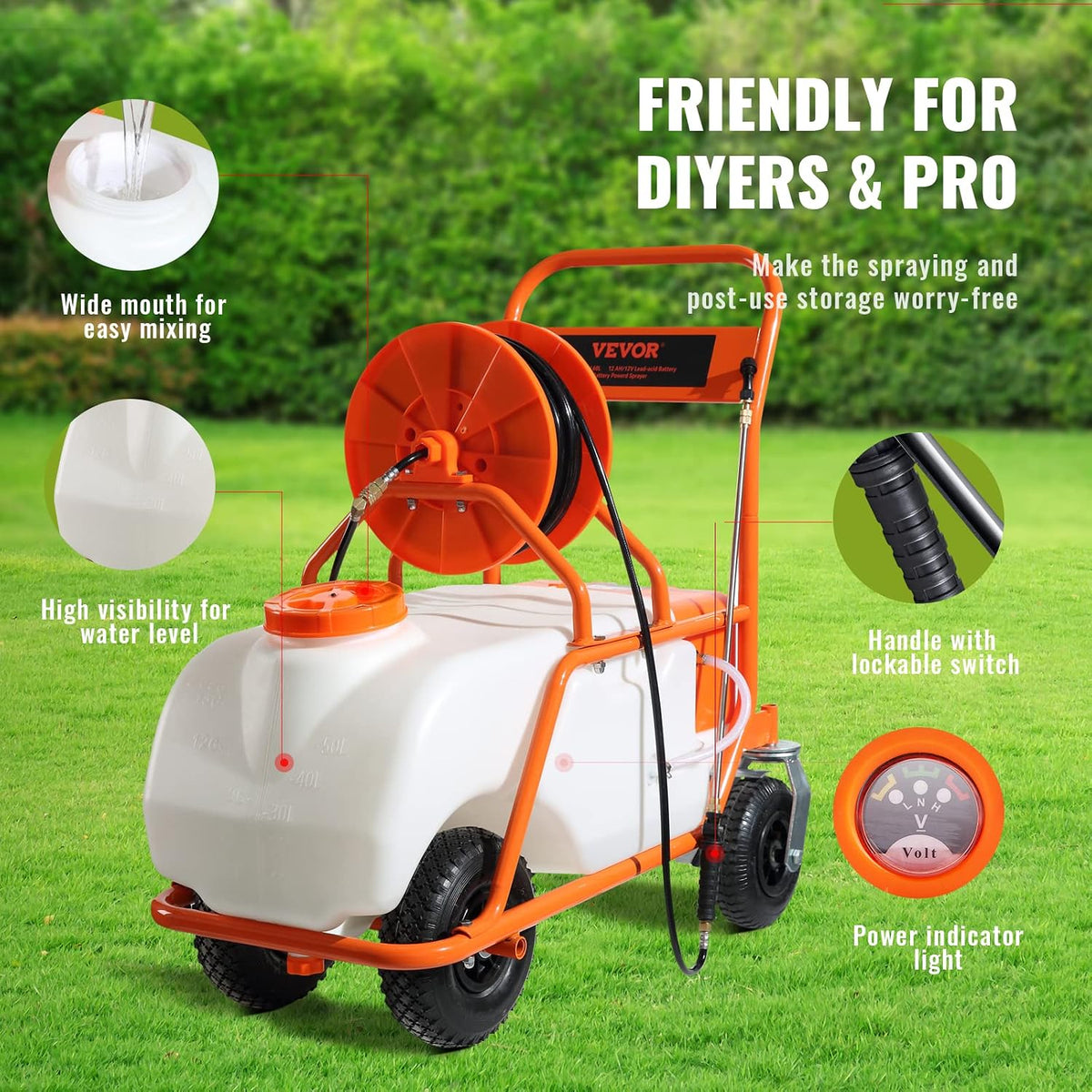 Battery Powered 15 Gallon Garden Weed Sprayer with Wheeled Cart, 126FT Hose with Reel, 8 Nozzles, 2 Wands with Lock Trigger, 0-90PSI, 5-6h Spray Time, Wide Mouth Lid, Rotating Wheels with Brake