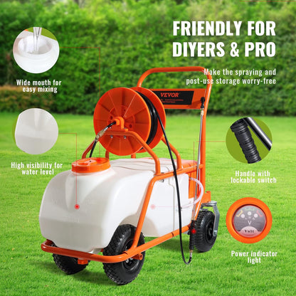 Battery Powered 15 Gallon Garden Weed Sprayer with Wheeled Cart, 126FT Hose with Reel, 8 Nozzles, 2 Wands with Lock Trigger, 0-90PSI, 5-6h Spray Time, Wide Mouth Lid, Rotating Wheels with Brake