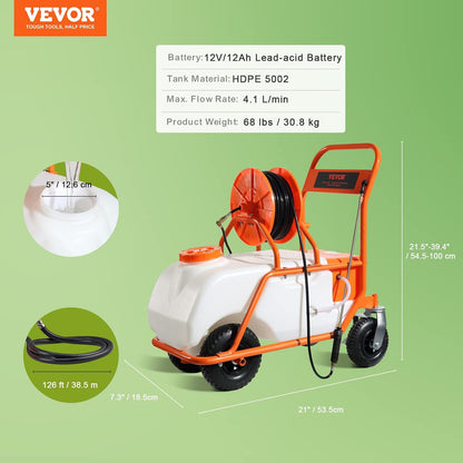 Battery Powered 15 Gallon Garden Weed Sprayer with Wheeled Cart, 126FT Hose with Reel, 8 Nozzles, 2 Wands with Lock Trigger, 0-90PSI, 5-6h Spray Time, Wide Mouth Lid, Rotating Wheels with Brake