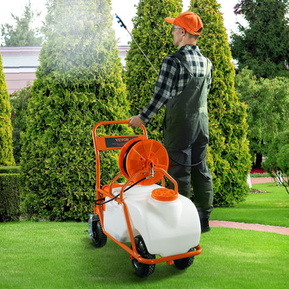Battery Powered 15 Gallon Garden Weed Sprayer with Wheeled Cart, 126FT Hose with Reel, 8 Nozzles, 2 Wands with Lock Trigger, 0-90PSI, 5-6h Spray Time, Wide Mouth Lid, Rotating Wheels with Brake