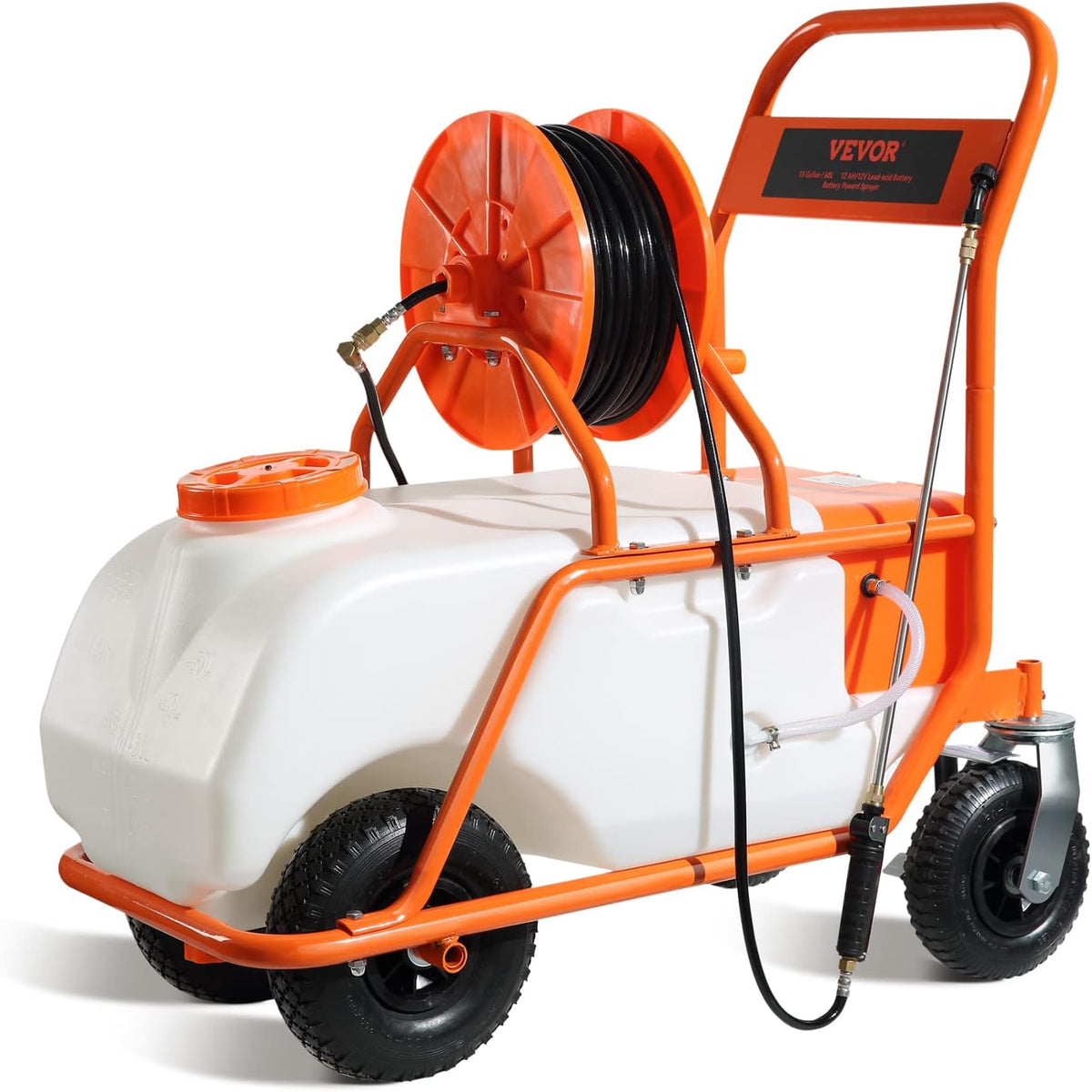 Battery Powered 15 Gallon Garden Weed Sprayer with Wheeled Cart, 126FT Hose with Reel, 8 Nozzles, 2 Wands with Lock Trigger, 0-90PSI, 5-6h Spray Time, Wide Mouth Lid, Rotating Wheels with Brake