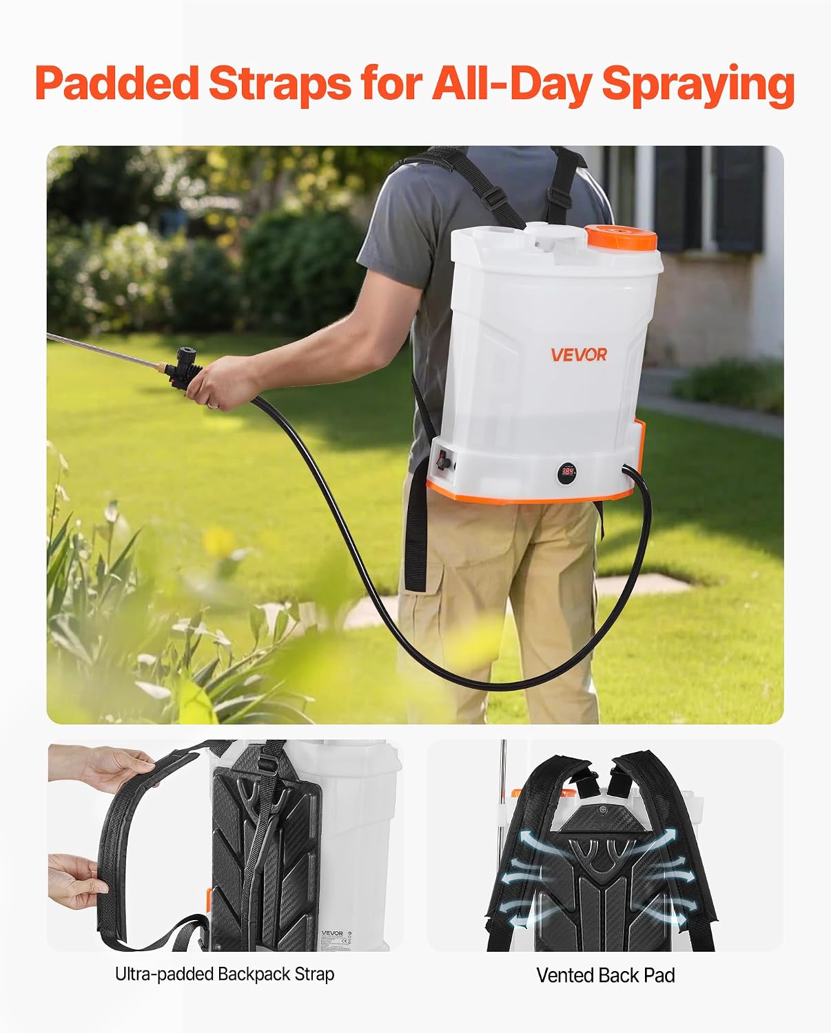 Battery Powered 15 Gallon Garden Weed Sprayer with Wheeled Cart, 126FT Hose with Reel, 8 Nozzles, 2 Wands with Lock Trigger, 0-90PSI, 5-6h Spray Time, Wide Mouth Lid, Rotating Wheels with Brake