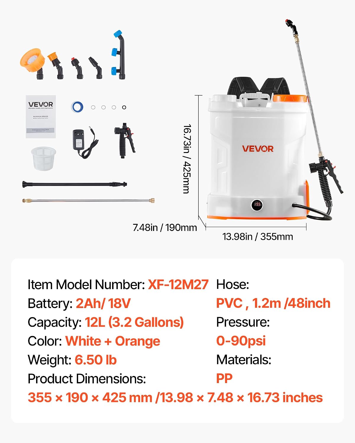 Battery Powered 15 Gallon Garden Weed Sprayer with Wheeled Cart, 126FT Hose with Reel, 8 Nozzles, 2 Wands with Lock Trigger, 0-90PSI, 5-6h Spray Time, Wide Mouth Lid, Rotating Wheels with Brake