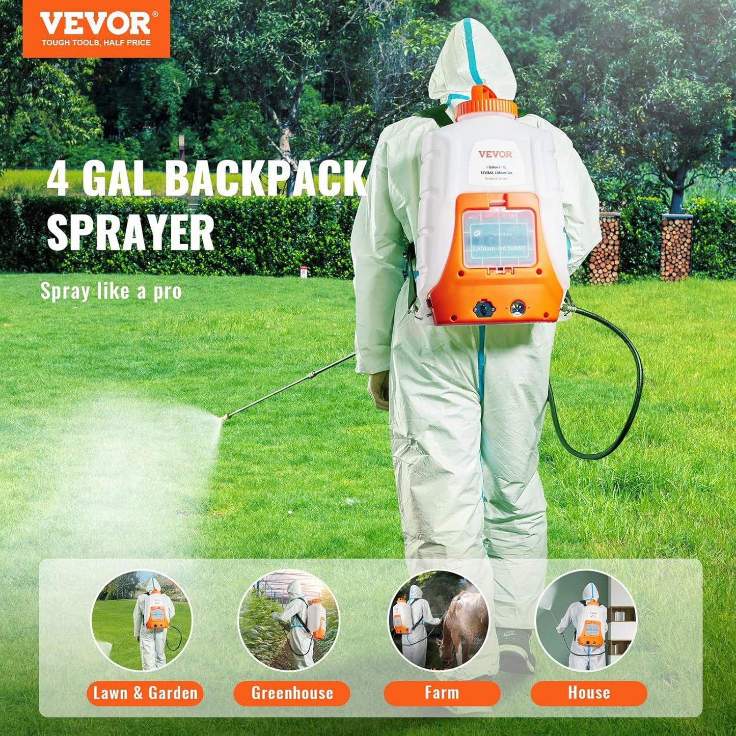 Battery Powered 15 Gallon Garden Weed Sprayer with Wheeled Cart, 126FT Hose with Reel, 8 Nozzles, 2 Wands with Lock Trigger, 0-90PSI, 5-6h Spray Time, Wide Mouth Lid, Rotating Wheels with Brake