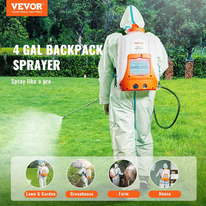 Battery Powered 15 Gallon Garden Weed Sprayer with Wheeled Cart, 126FT Hose with Reel, 8 Nozzles, 2 Wands with Lock Trigger, 0-90PSI, 5-6h Spray Time, Wide Mouth Lid, Rotating Wheels with Brake