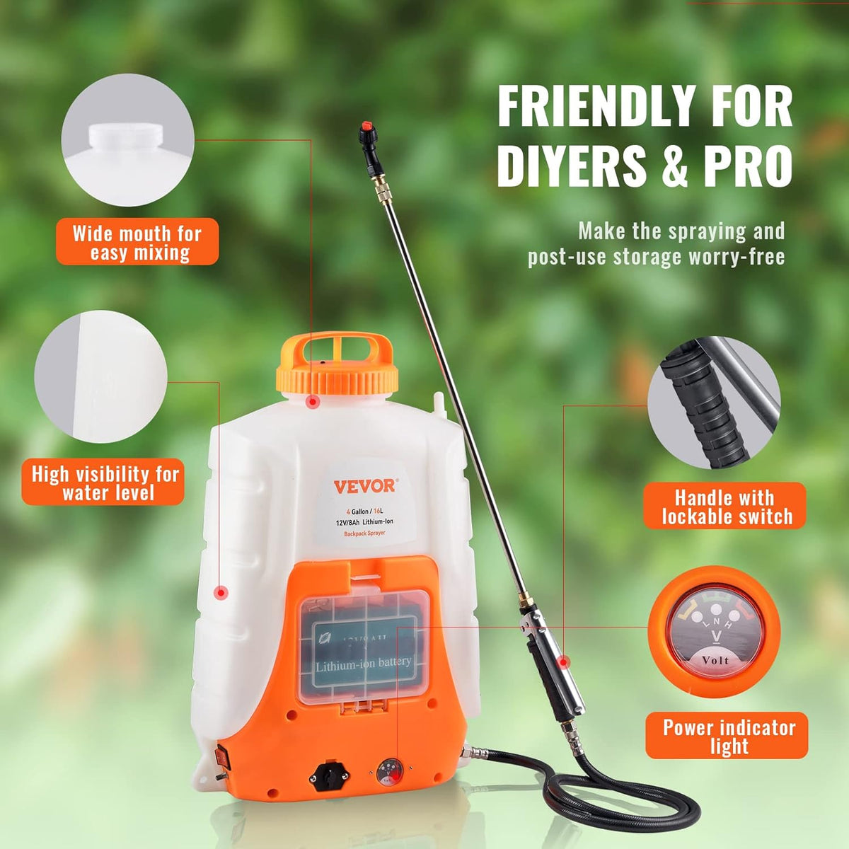 Battery Powered 15 Gallon Garden Weed Sprayer with Wheeled Cart, 126FT Hose with Reel, 8 Nozzles, 2 Wands with Lock Trigger, 0-90PSI, 5-6h Spray Time, Wide Mouth Lid, Rotating Wheels with Brake