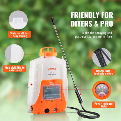 Battery Powered 15 Gallon Garden Weed Sprayer with Wheeled Cart, 126FT Hose with Reel, 8 Nozzles, 2 Wands with Lock Trigger, 0-90PSI, 5-6h Spray Time, Wide Mouth Lid, Rotating Wheels with Brake
