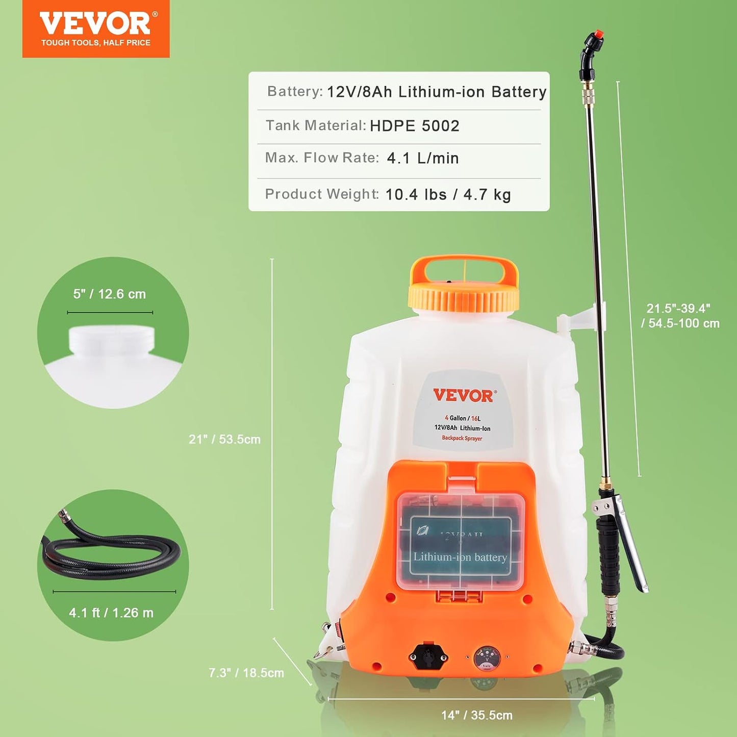Battery Powered 15 Gallon Garden Weed Sprayer with Wheeled Cart, 126FT Hose with Reel, 8 Nozzles, 2 Wands with Lock Trigger, 0-90PSI, 5-6h Spray Time, Wide Mouth Lid, Rotating Wheels with Brake
