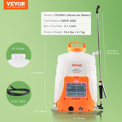 Battery Powered 15 Gallon Garden Weed Sprayer with Wheeled Cart, 126FT Hose with Reel, 8 Nozzles, 2 Wands with Lock Trigger, 0-90PSI, 5-6h Spray Time, Wide Mouth Lid, Rotating Wheels with Brake