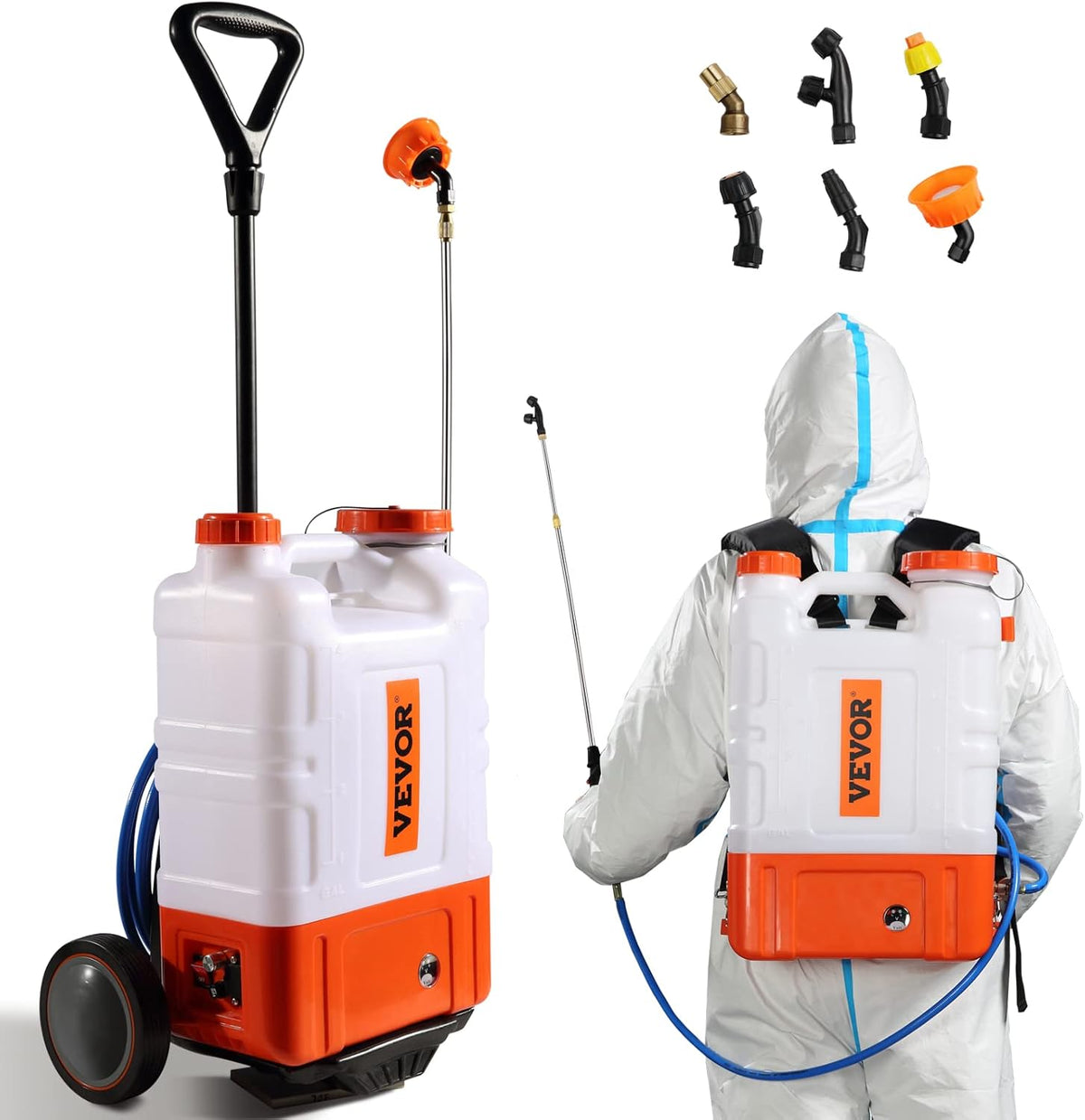 Battery Powered 15 Gallon Garden Weed Sprayer with Wheeled Cart, 126FT Hose with Reel, 8 Nozzles, 2 Wands with Lock Trigger, 0-90PSI, 5-6h Spray Time, Wide Mouth Lid, Rotating Wheels with Brake