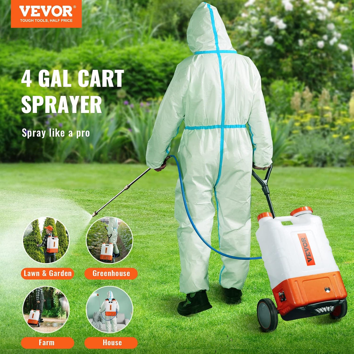 Battery Powered 15 Gallon Garden Weed Sprayer with Wheeled Cart, 126FT Hose with Reel, 8 Nozzles, 2 Wands with Lock Trigger, 0-90PSI, 5-6h Spray Time, Wide Mouth Lid, Rotating Wheels with Brake