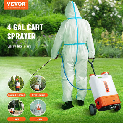 Battery Powered 15 Gallon Garden Weed Sprayer with Wheeled Cart, 126FT Hose with Reel, 8 Nozzles, 2 Wands with Lock Trigger, 0-90PSI, 5-6h Spray Time, Wide Mouth Lid, Rotating Wheels with Brake