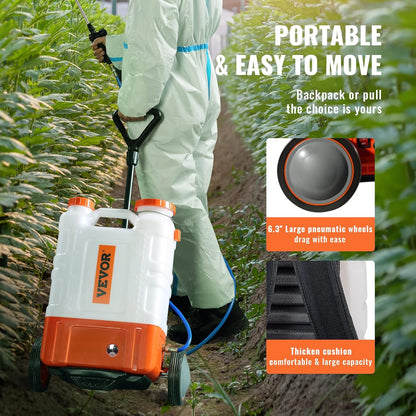 Battery Powered 15 Gallon Garden Weed Sprayer with Wheeled Cart, 126FT Hose with Reel, 8 Nozzles, 2 Wands with Lock Trigger, 0-90PSI, 5-6h Spray Time, Wide Mouth Lid, Rotating Wheels with Brake