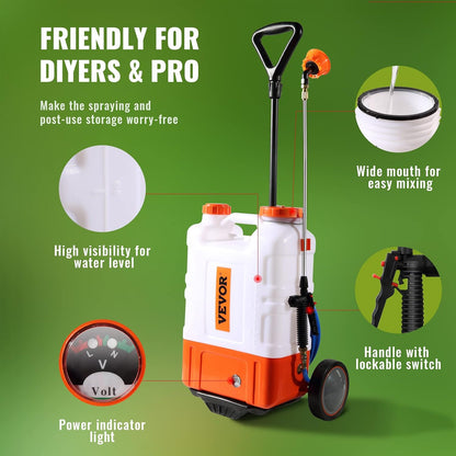 Battery Powered 15 Gallon Garden Weed Sprayer with Wheeled Cart, 126FT Hose with Reel, 8 Nozzles, 2 Wands with Lock Trigger, 0-90PSI, 5-6h Spray Time, Wide Mouth Lid, Rotating Wheels with Brake