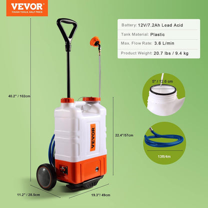 Battery Powered 15 Gallon Garden Weed Sprayer with Wheeled Cart, 126FT Hose with Reel, 8 Nozzles, 2 Wands with Lock Trigger, 0-90PSI, 5-6h Spray Time, Wide Mouth Lid, Rotating Wheels with Brake