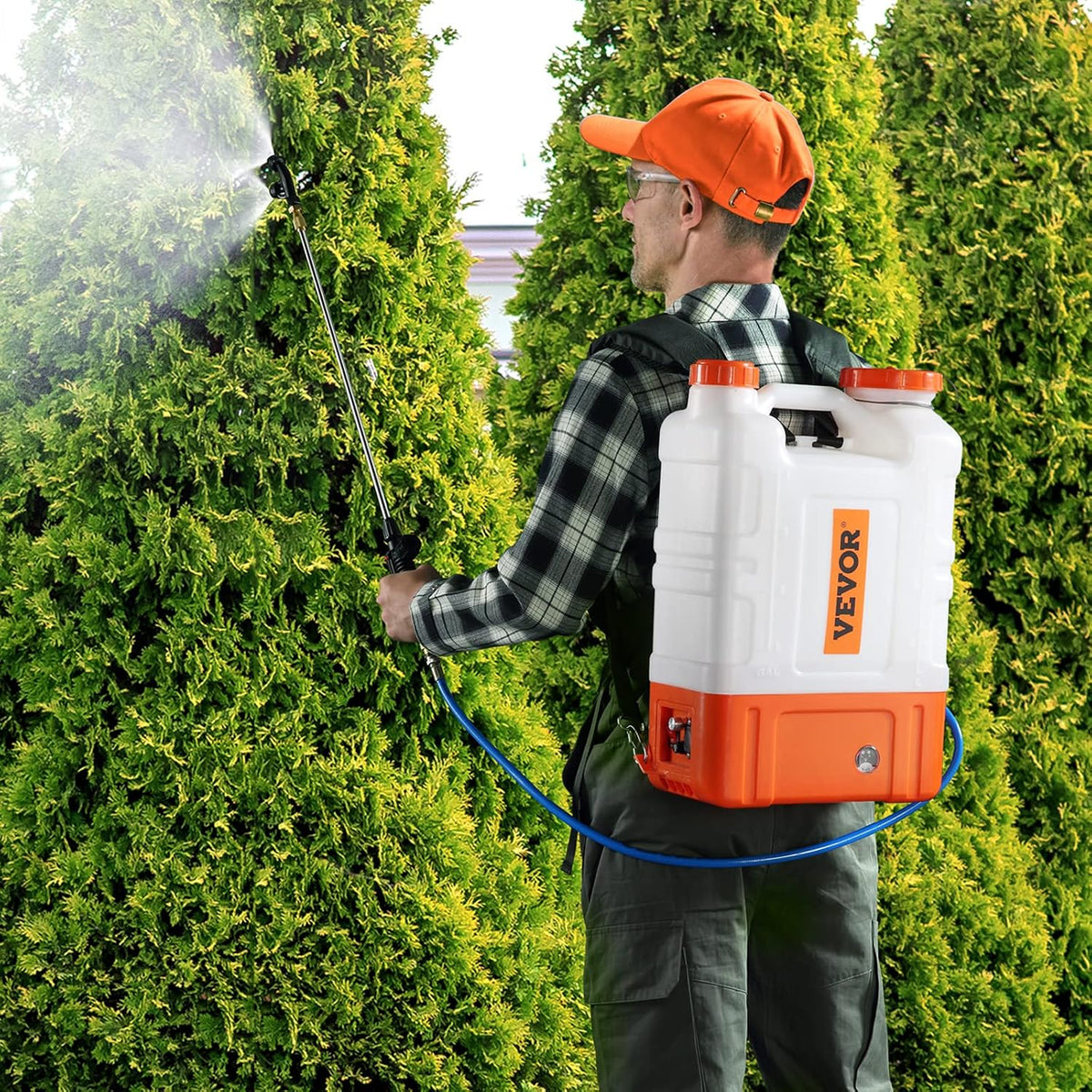 Battery Powered 15 Gallon Garden Weed Sprayer with Wheeled Cart, 126FT Hose with Reel, 8 Nozzles, 2 Wands with Lock Trigger, 0-90PSI, 5-6h Spray Time, Wide Mouth Lid, Rotating Wheels with Brake