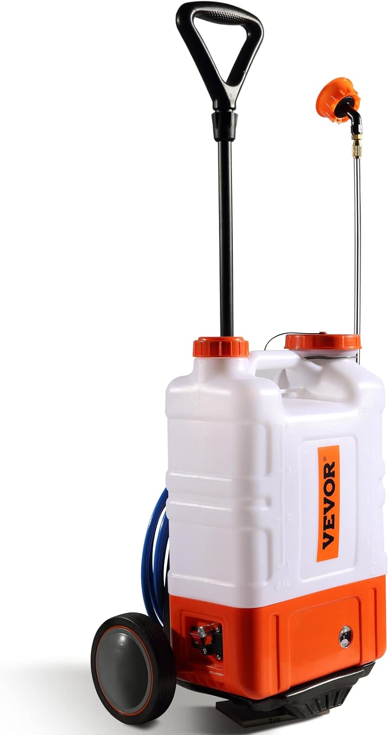 Battery Powered 15 Gallon Garden Weed Sprayer with Wheeled Cart, 126FT Hose with Reel, 8 Nozzles, 2 Wands with Lock Trigger, 0-90PSI, 5-6h Spray Time, Wide Mouth Lid, Rotating Wheels with Brake