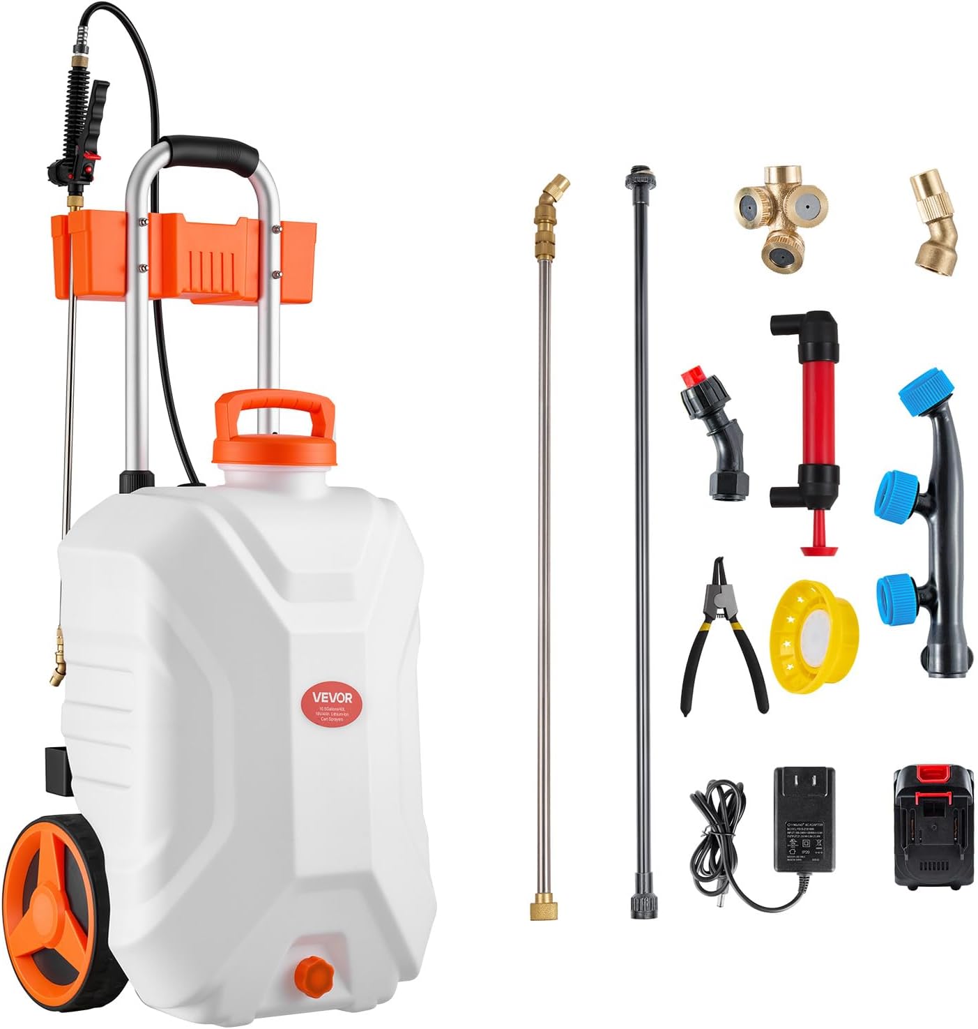 Battery Powered 15 Gallon Garden Weed Sprayer with Wheeled Cart, 126FT Hose with Reel, 8 Nozzles, 2 Wands with Lock Trigger, 0-90PSI, 5-6h Spray Time, Wide Mouth Lid, Rotating Wheels with Brake