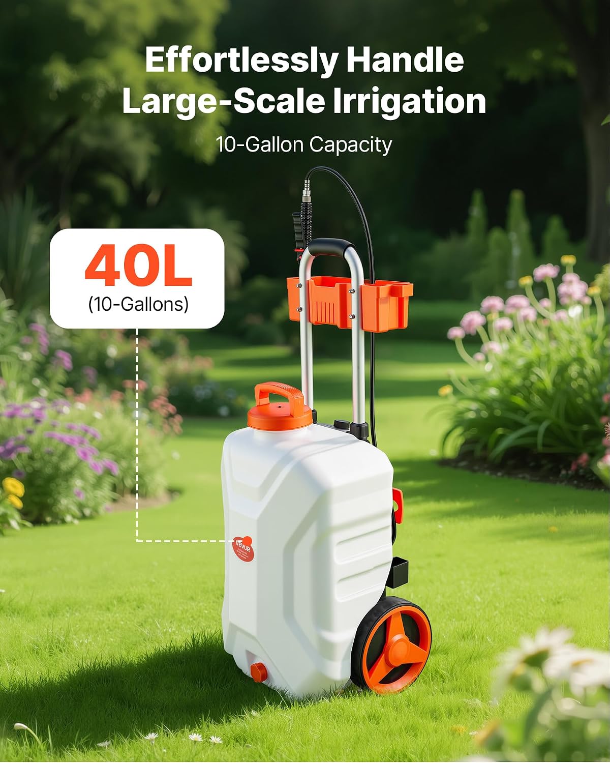 Battery Powered 15 Gallon Garden Weed Sprayer with Wheeled Cart, 126FT Hose with Reel, 8 Nozzles, 2 Wands with Lock Trigger, 0-90PSI, 5-6h Spray Time, Wide Mouth Lid, Rotating Wheels with Brake