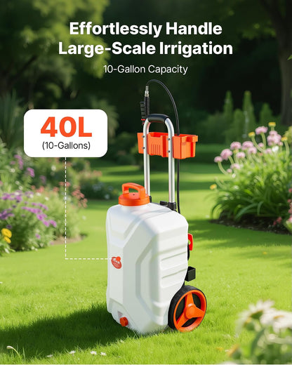 Battery Powered 15 Gallon Garden Weed Sprayer with Wheeled Cart, 126FT Hose with Reel, 8 Nozzles, 2 Wands with Lock Trigger, 0-90PSI, 5-6h Spray Time, Wide Mouth Lid, Rotating Wheels with Brake